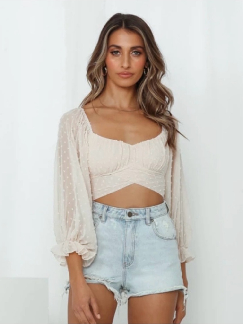 Hello Molly Pale Blush Swiss Dot Tie-Back Peasant Top
